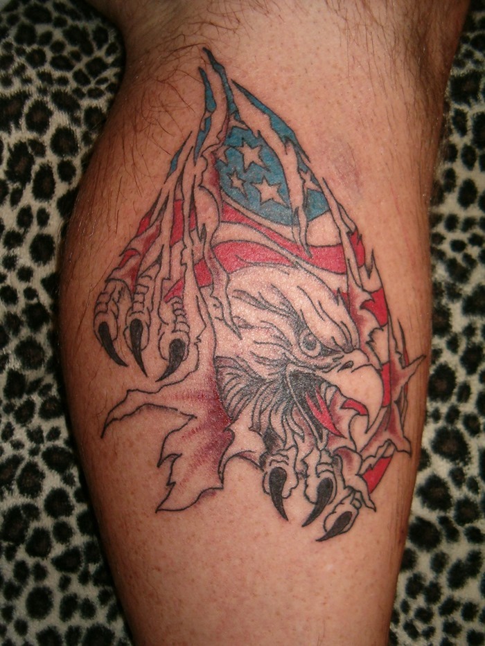 Patriotic Flag And Eagle Tattoo On Leg