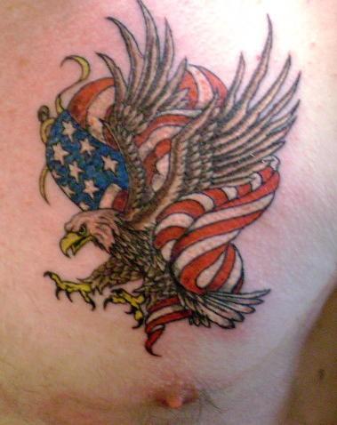 Patriotic Flying Eagle Tattoo On Chest For Men