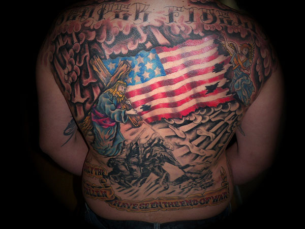 Patriotic Religious Theme Tattoo On Full Back