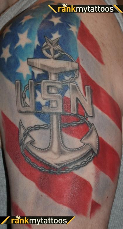 Patriotic US Flag Navy Tattoo On Half Sleeve