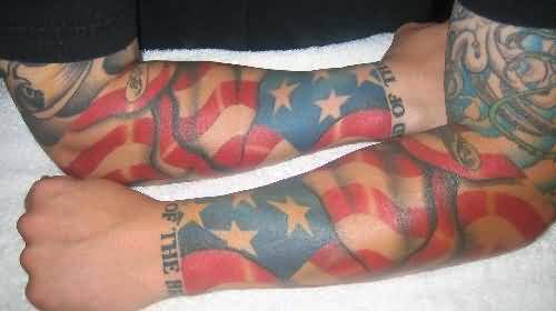 Patriotic US Flag Tattoos On Arm Sleeves