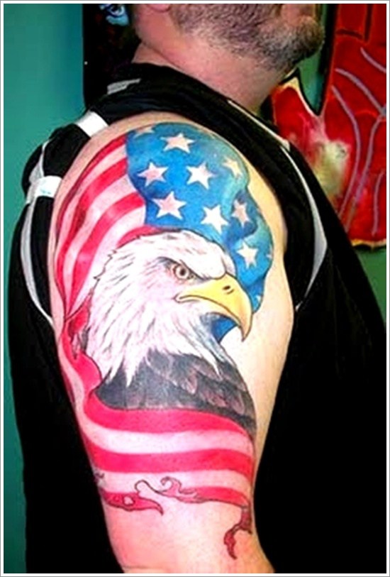 Patriotic Eagle With Flag Tattoo On Half Sleeve