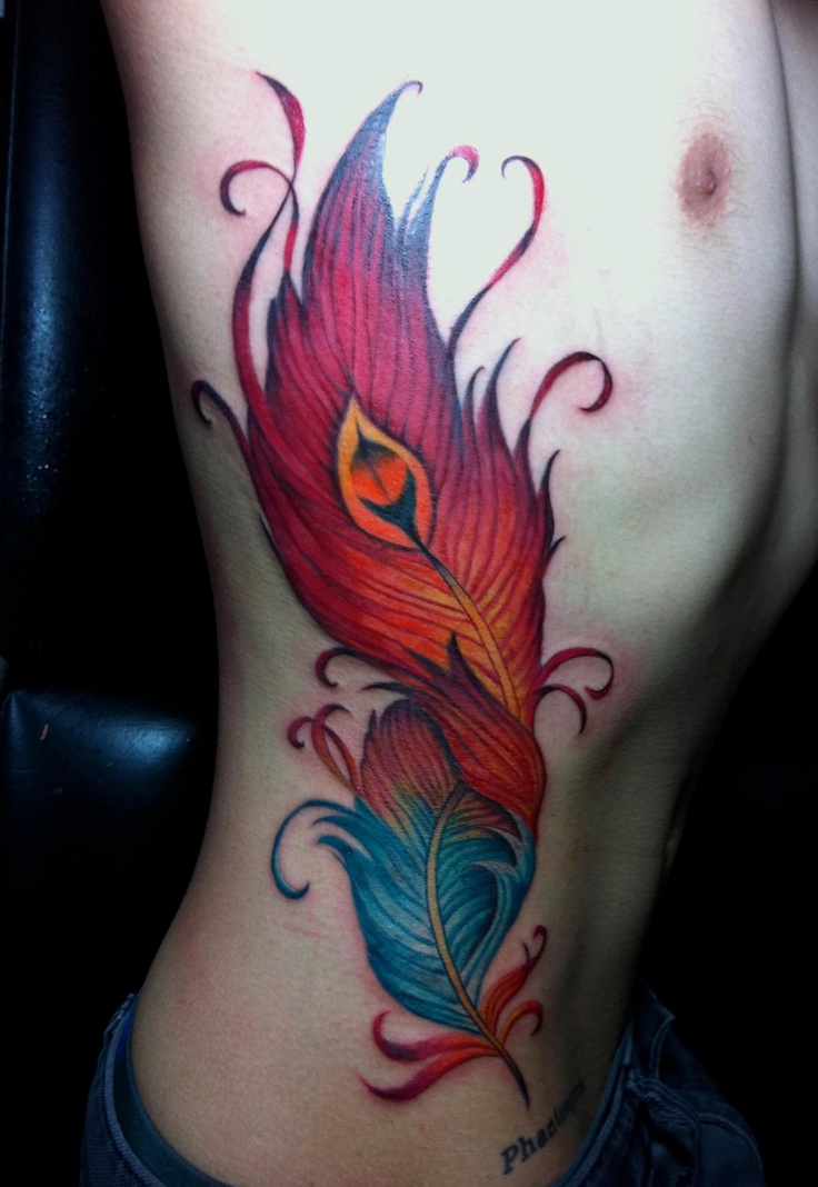 Phoenix Big Feather Tattoo On Rib Cage
