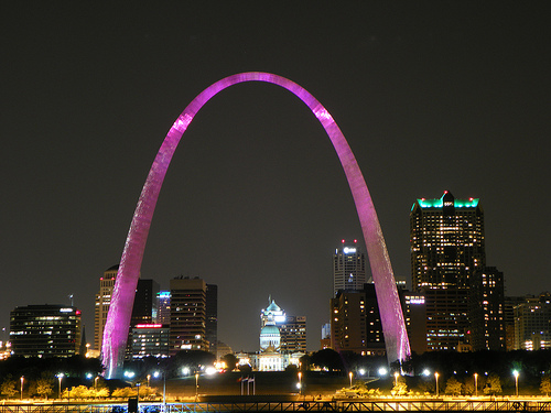 Pink Lights On The Gateway Arch At Night