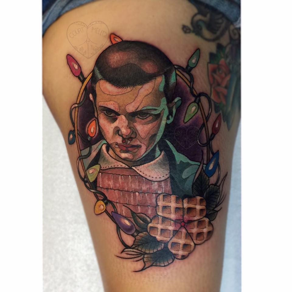 Portrait tattoo on thigh by Courtney Mello 2