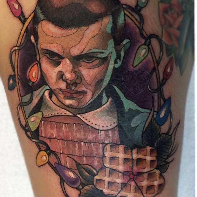 Portrait tattoo on thigh by Courtney Mello