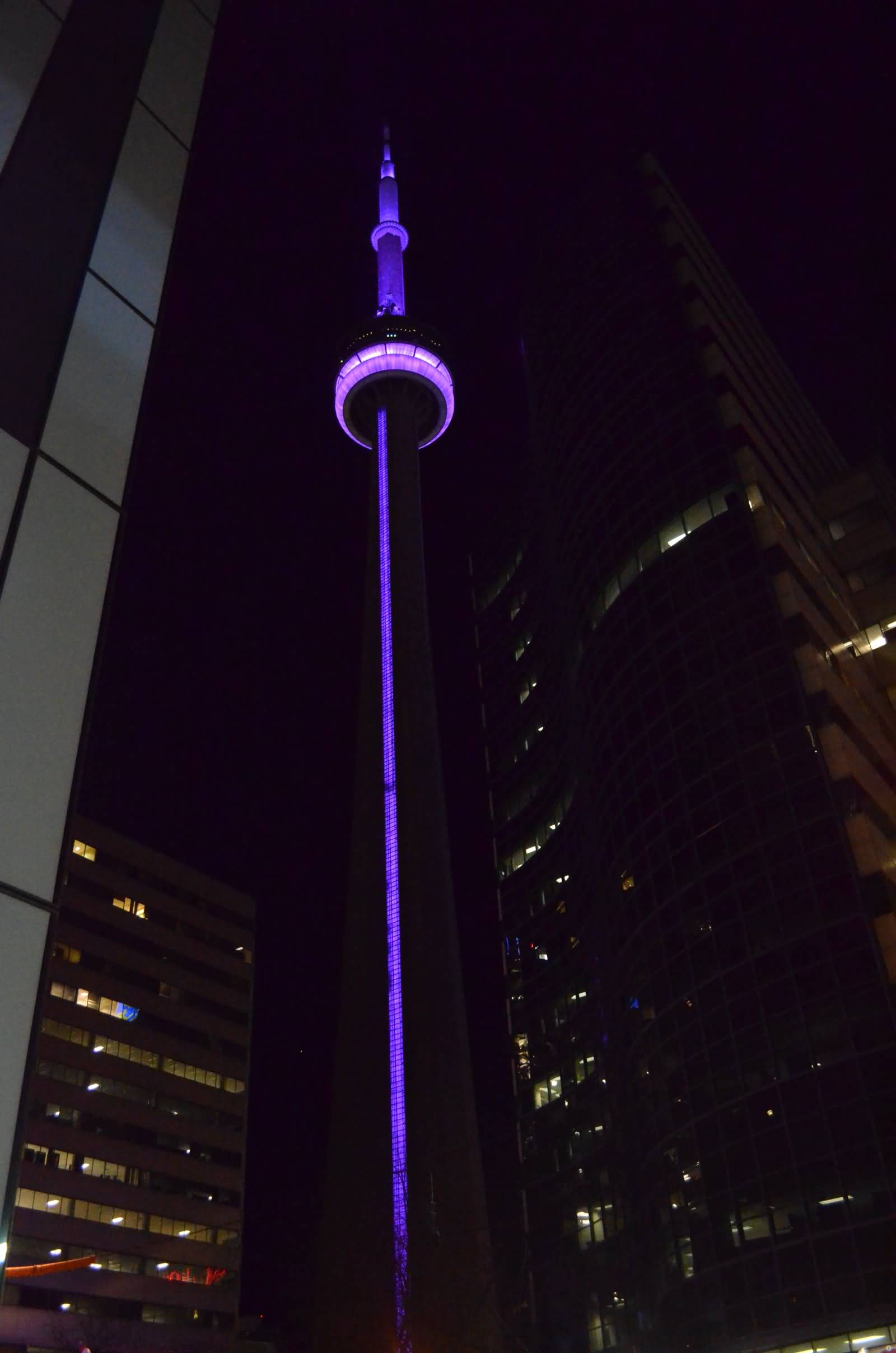 Purple Lights On CN Tower At Night