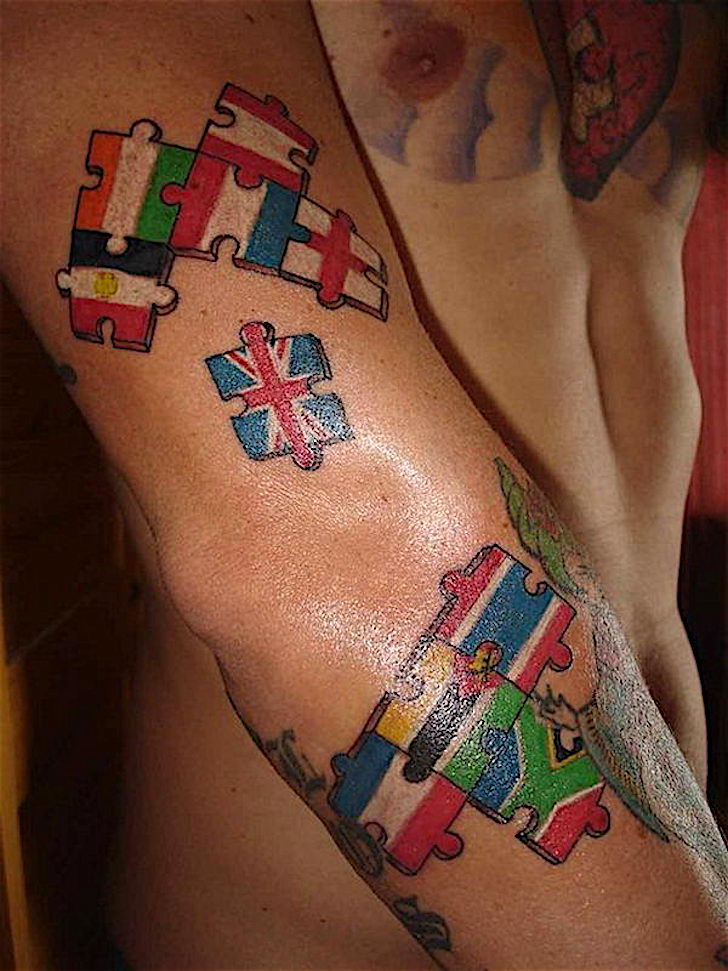 Puzzle Country Flags Tattoo On Full Sleeve For Men