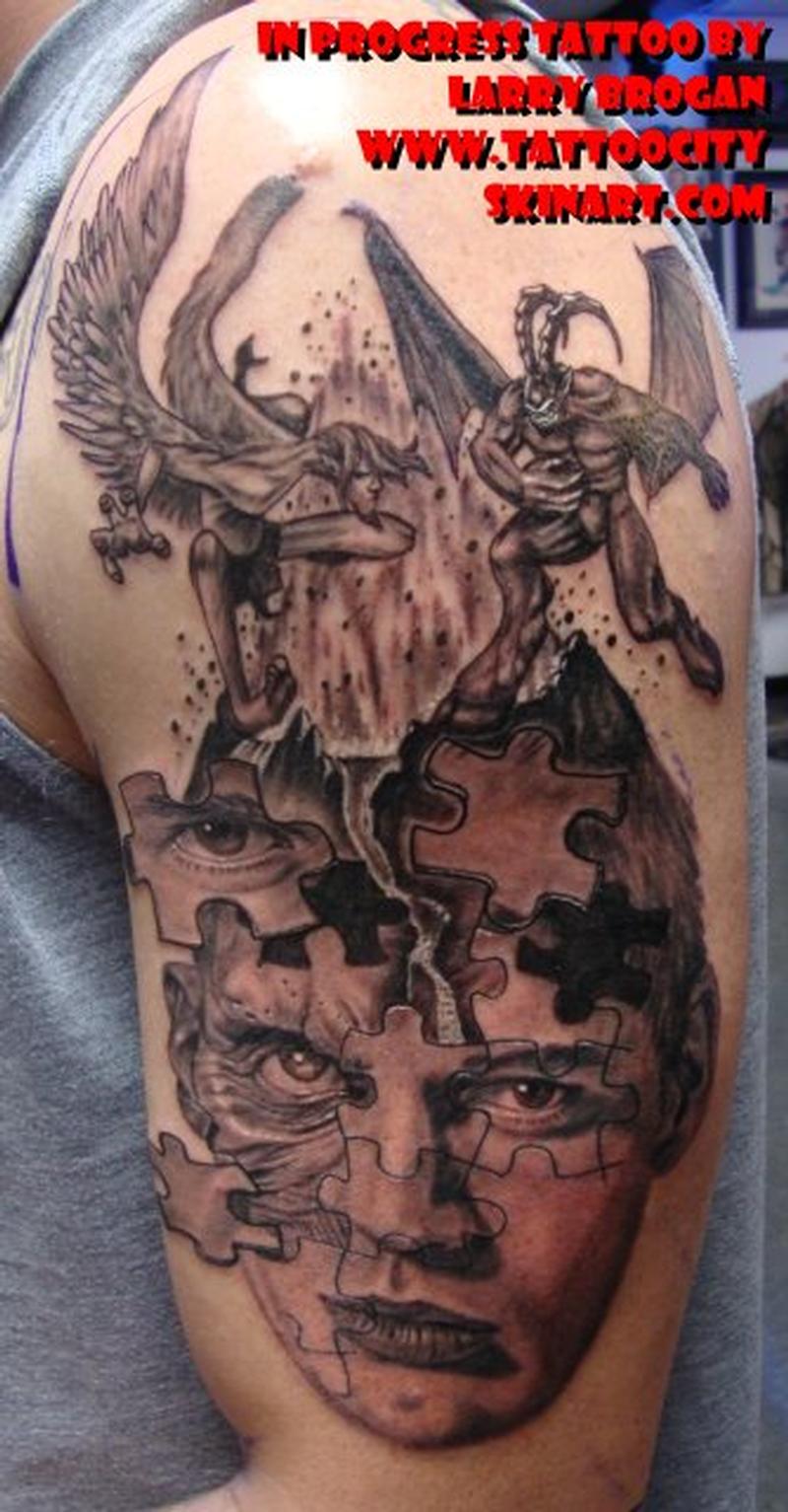 Puzzle Face Angel Vs Demon Half Sleeve Tattoo In Progress By Larry Brogan