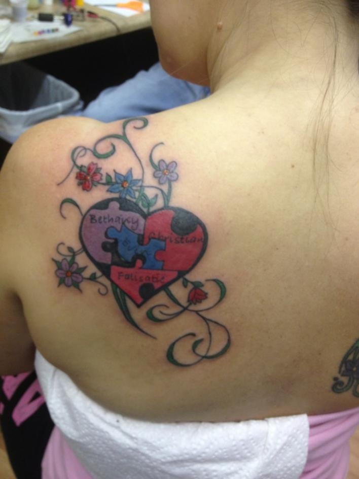 Puzzle Flowers Heart Tattoo For Sisters