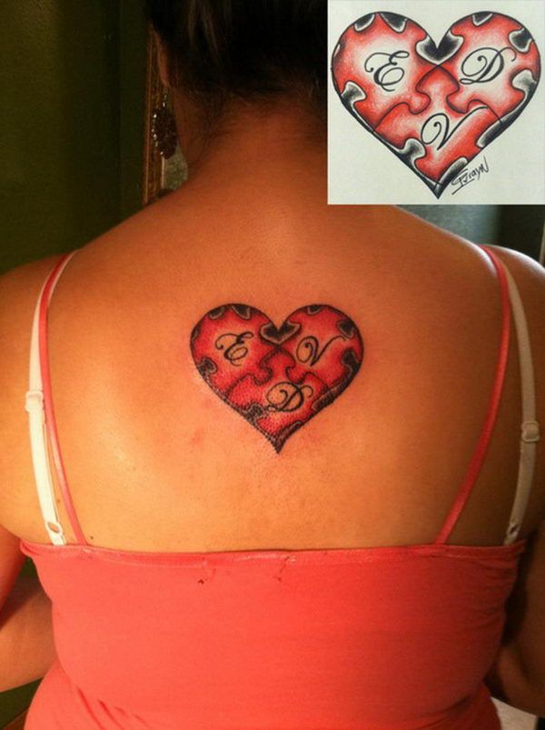 Puzzle Lettering Heart Tattoo On Woman Upper Back