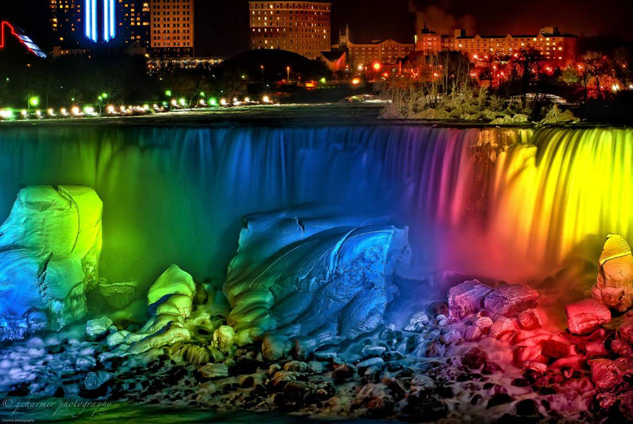 Rainbow Lights At Niagara Falls During Night