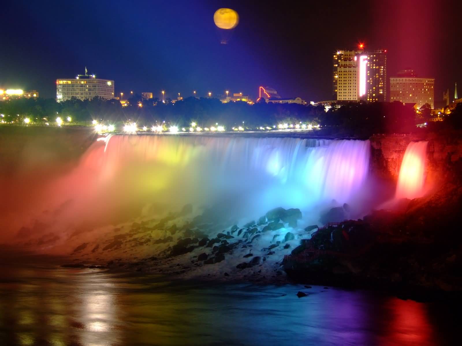 Rainbow Lights On Niagara Falls And Full Moon Picture