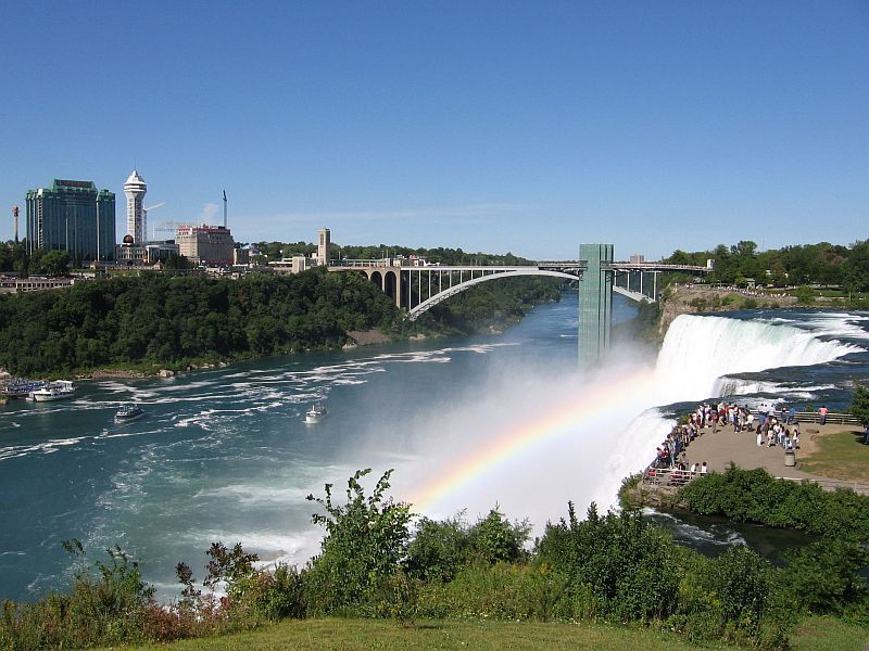 Rainbow Over The Niagara Falls And Bridge View