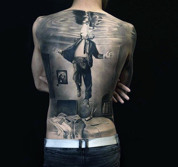 Realistic 3D Man In Suit Floating In Water Tattoo On Full Back