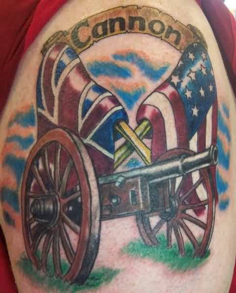 Realistic American Flag Cannon Tattoo On Shoulder