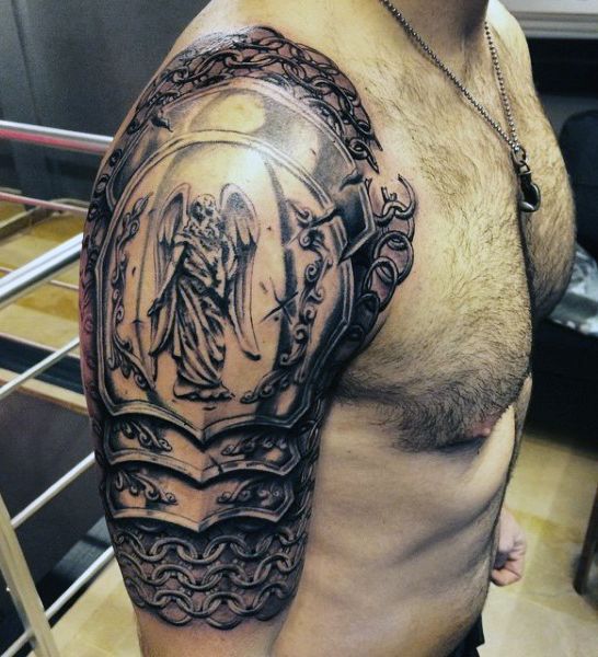 Realistic Armor Of God Tattoo On Man Shoulder