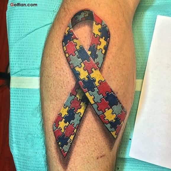 Realistic Autism Cancer Awareness Puzzle Tattoo On Arm Sleeve