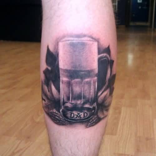 Realistic Beer Glass Memorial Tattoo For Dad