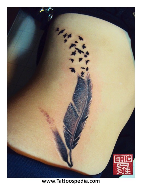 Realistic Birds Flying From Feather Tattoo On Rib Cage