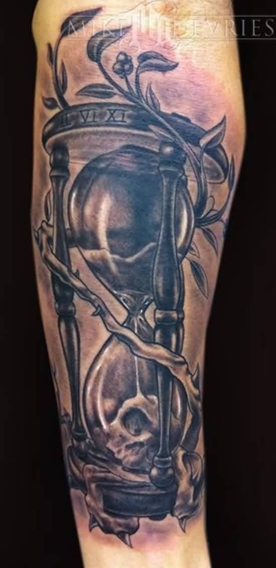 Realistic Black Skull Hourglass Tattoo