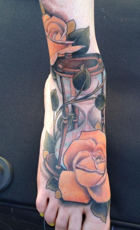 Realistic Color Rose With Hourglass Tattoo On Foot By TimMcEvoy