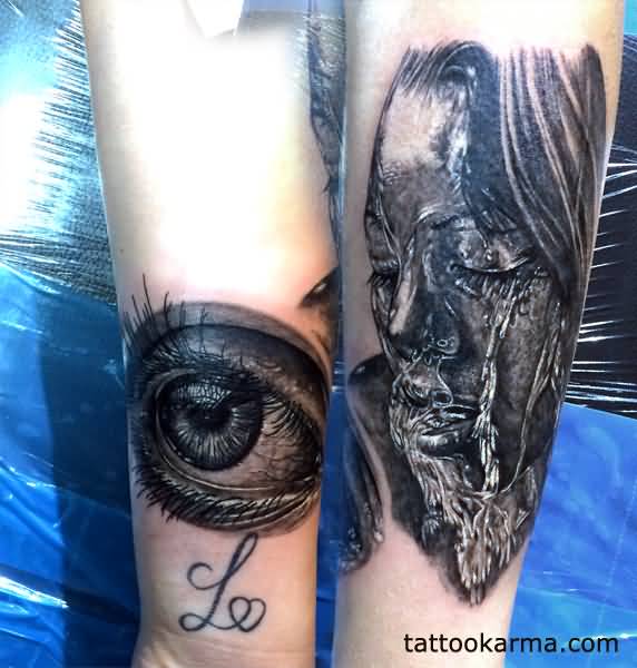 Realistic Eye With Watergirl Tattoo On Sleeve