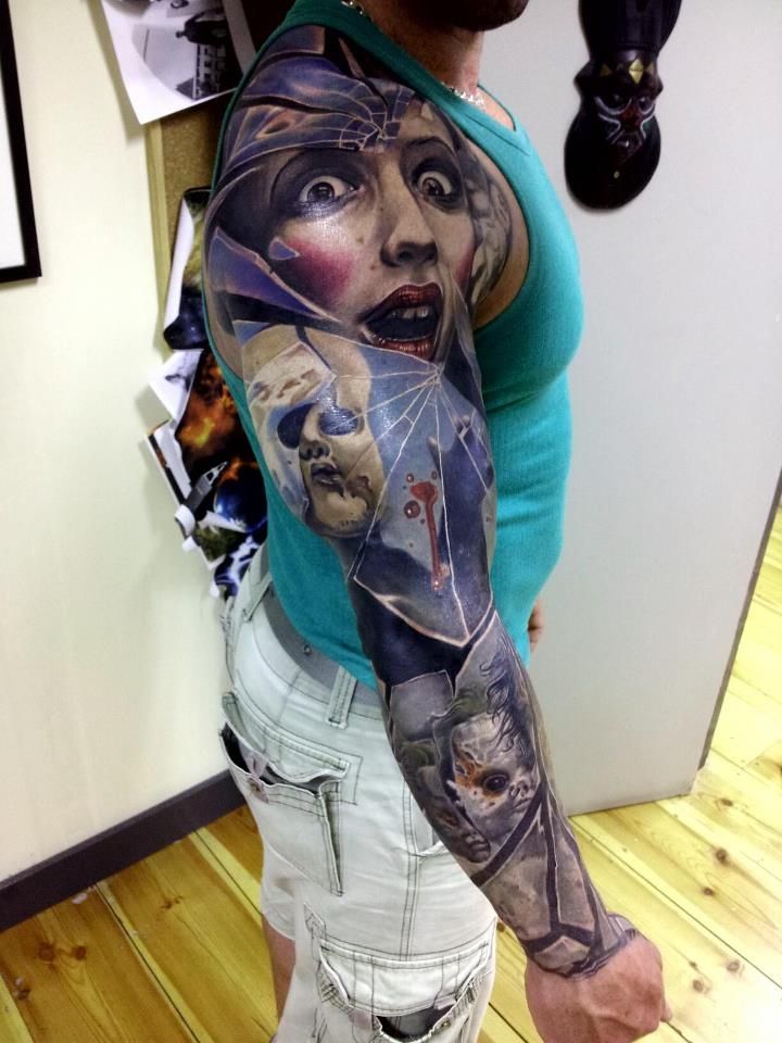 Realistic Horror Portraits Inside Broken Glass Tattoo By Marcin Sonski