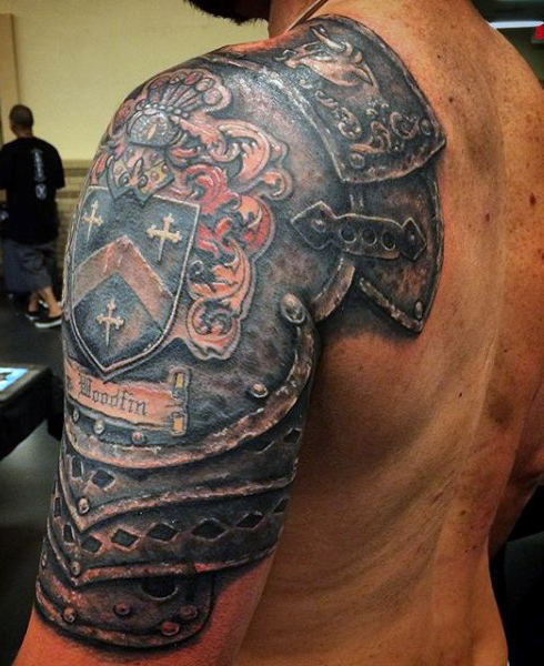 Realistic Knight Armor Tattoo On Shoulder