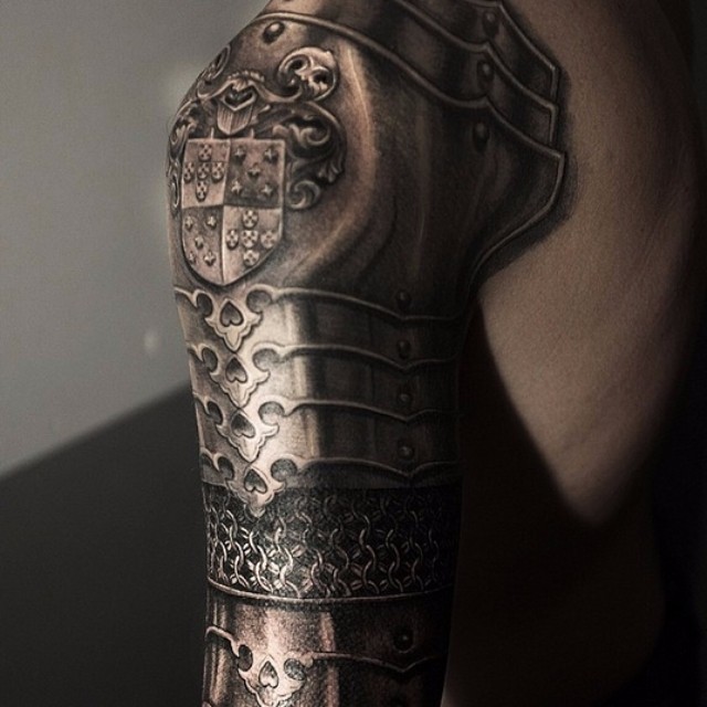 Realistic Knight Armor Tattoo On Sleeve