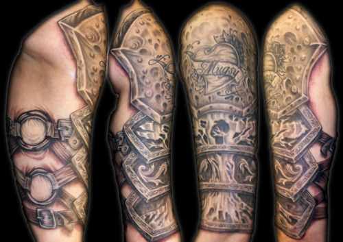 Realistic Medieval Armor Tattoo On Half Sleeve