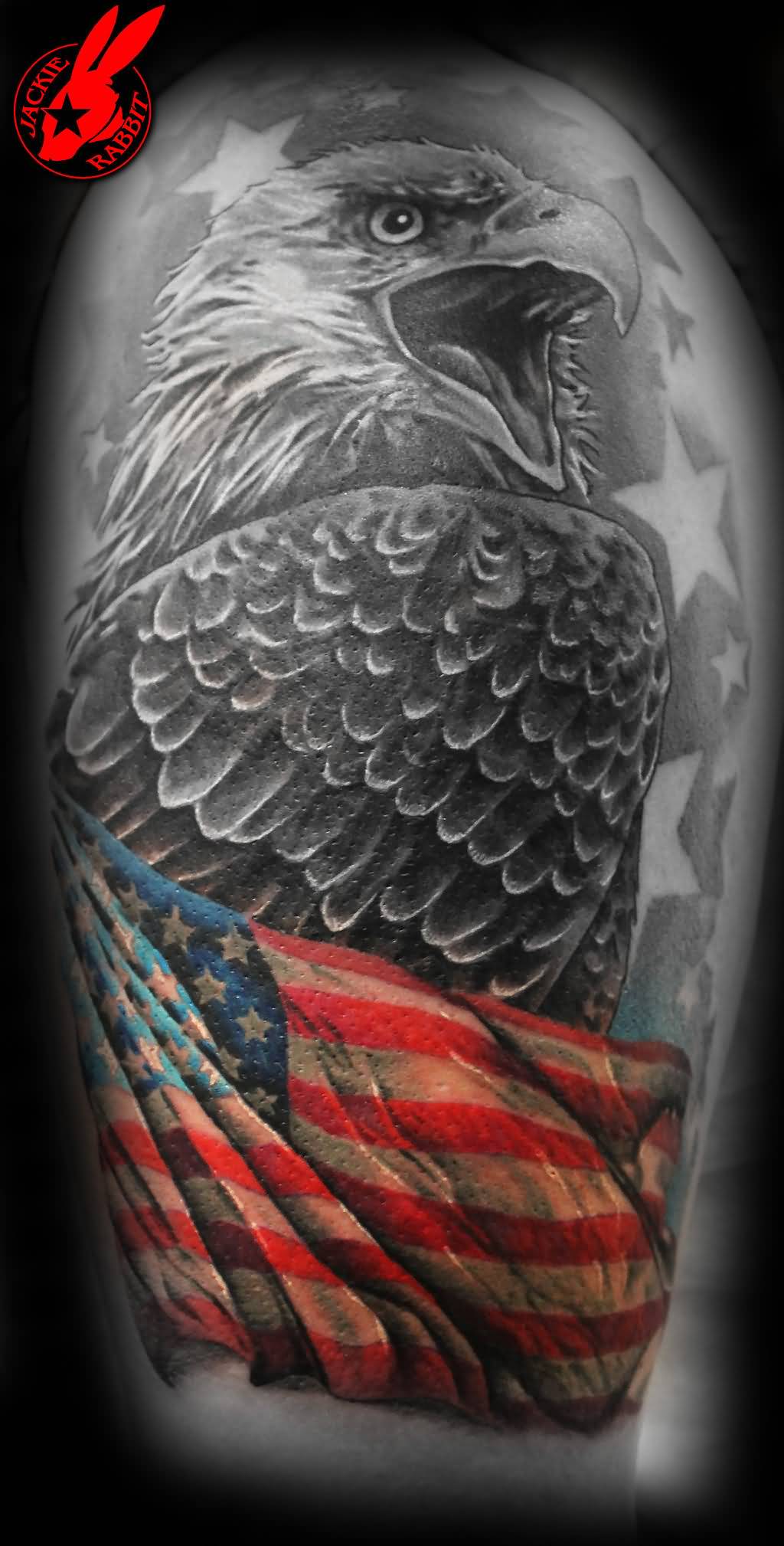 Realistic Patriotic Eagle Tattoo On Half Sleeve By Jackie Rabbit