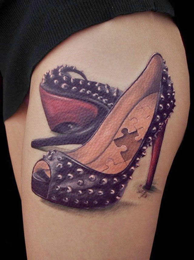 Realistic Puzzle Heel Shoe Tattoo On Thigh