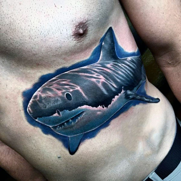 Realistic Shark In Water Tattoo On Stomach For Men