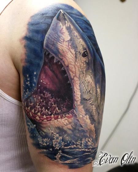 Realistic Shark With Water Tattoo On Left Half Sleeve