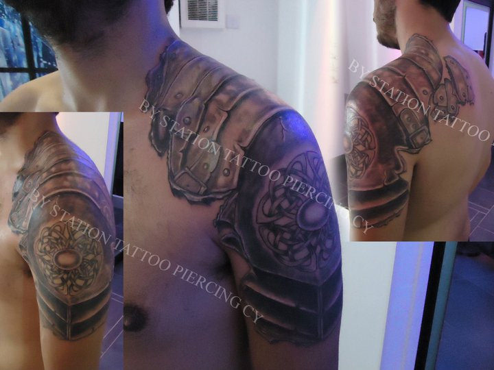 Realistic Shoulder Knight Armor Tattoo For Men