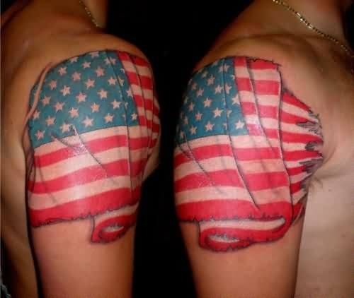 Realistic US Flag Patriotic Tattoo On Shoulder