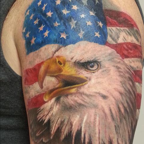 Realistic USA Flag Eagle Patriotic Tattoo On Shoulder