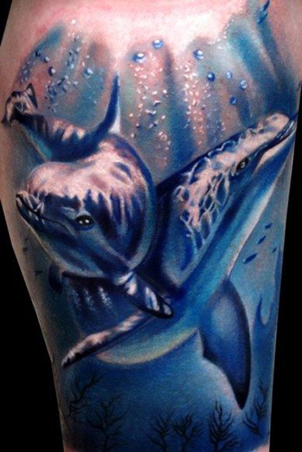 Realistic Underwater Dolphin And Shark Tattoo