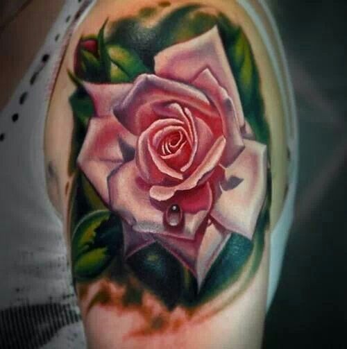 Realistic Water Drop And Rose Tattoo On Half Sleeve By Pamela Morrison