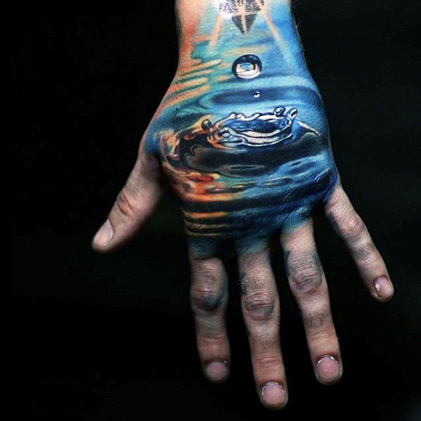 Realistic Water Drop Splash Tattoo On Hand