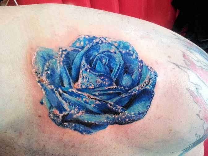 Realistic Water Drops On Blue Rose Tattoo