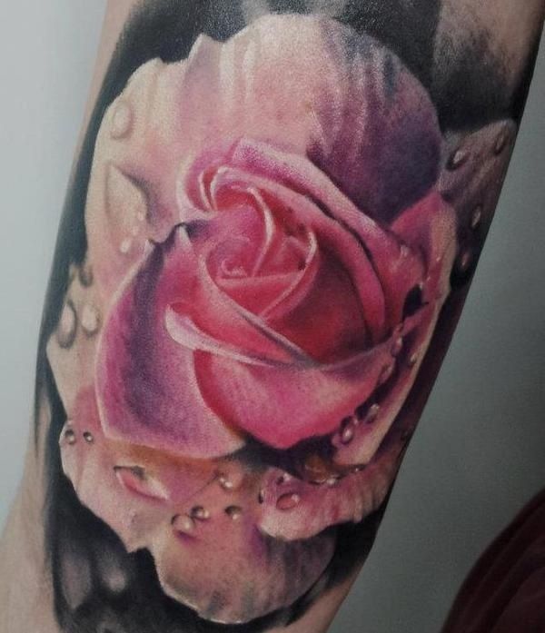 Realistic Water Drops On Rose Tattoo On Arm