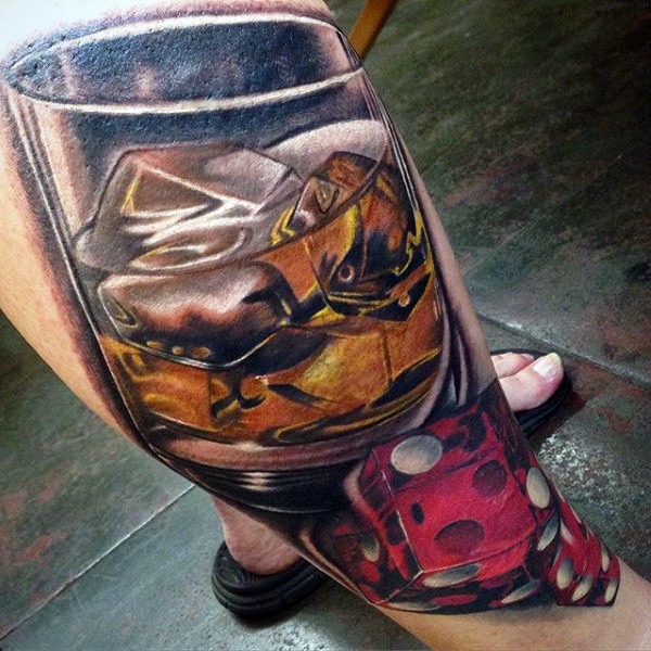 Realistic Whisky Glass With Dice Tattoo On Leg