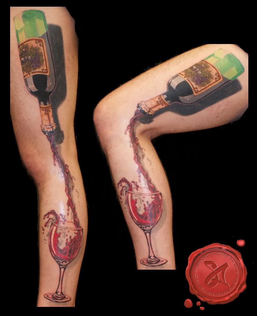 Realistic Wine Pouring In Glass Tattoo On Leg