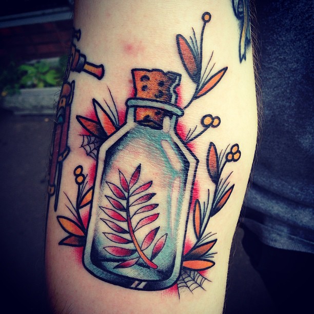 Red Fern Glass Bottle Traditional Tattoo By Tony Talbert