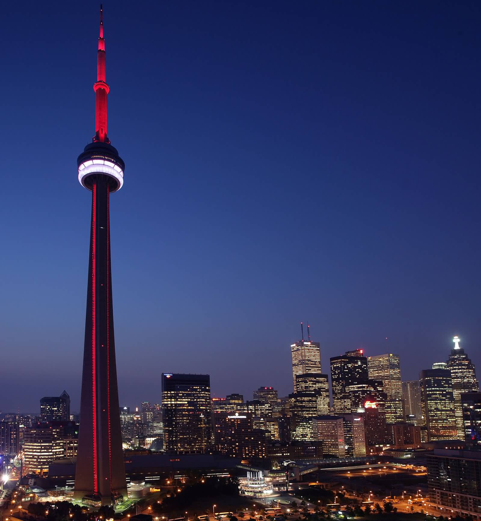 Red Lights On CN Tower At Night