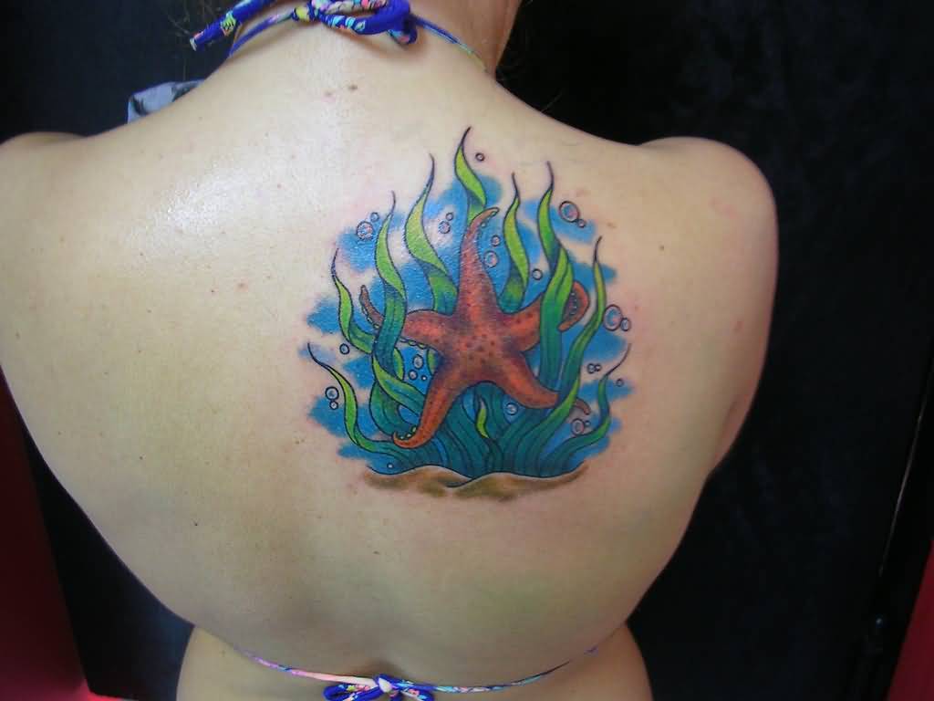 Red Starfish In Water Tattoo On Upper Back For Women