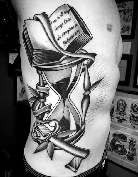 Religious Hourglass Tattoo On Side Rib For Men