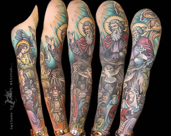 Religious Stained Glass Tattoo On Sleeve By Robert Witczuk